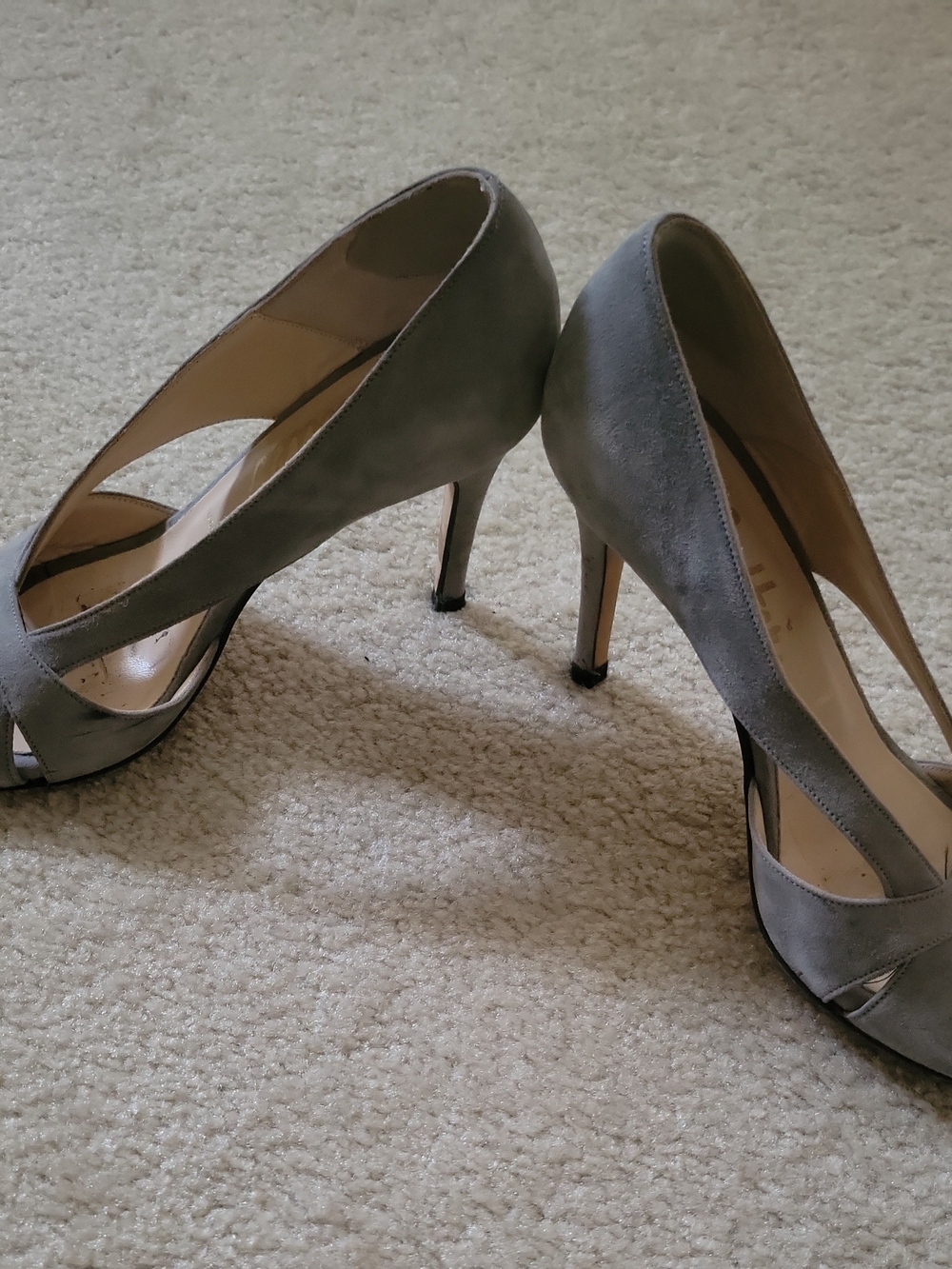 Butter Grey Suede Peep-Toe Heels with Crossover Straps - Picture 2 of 4